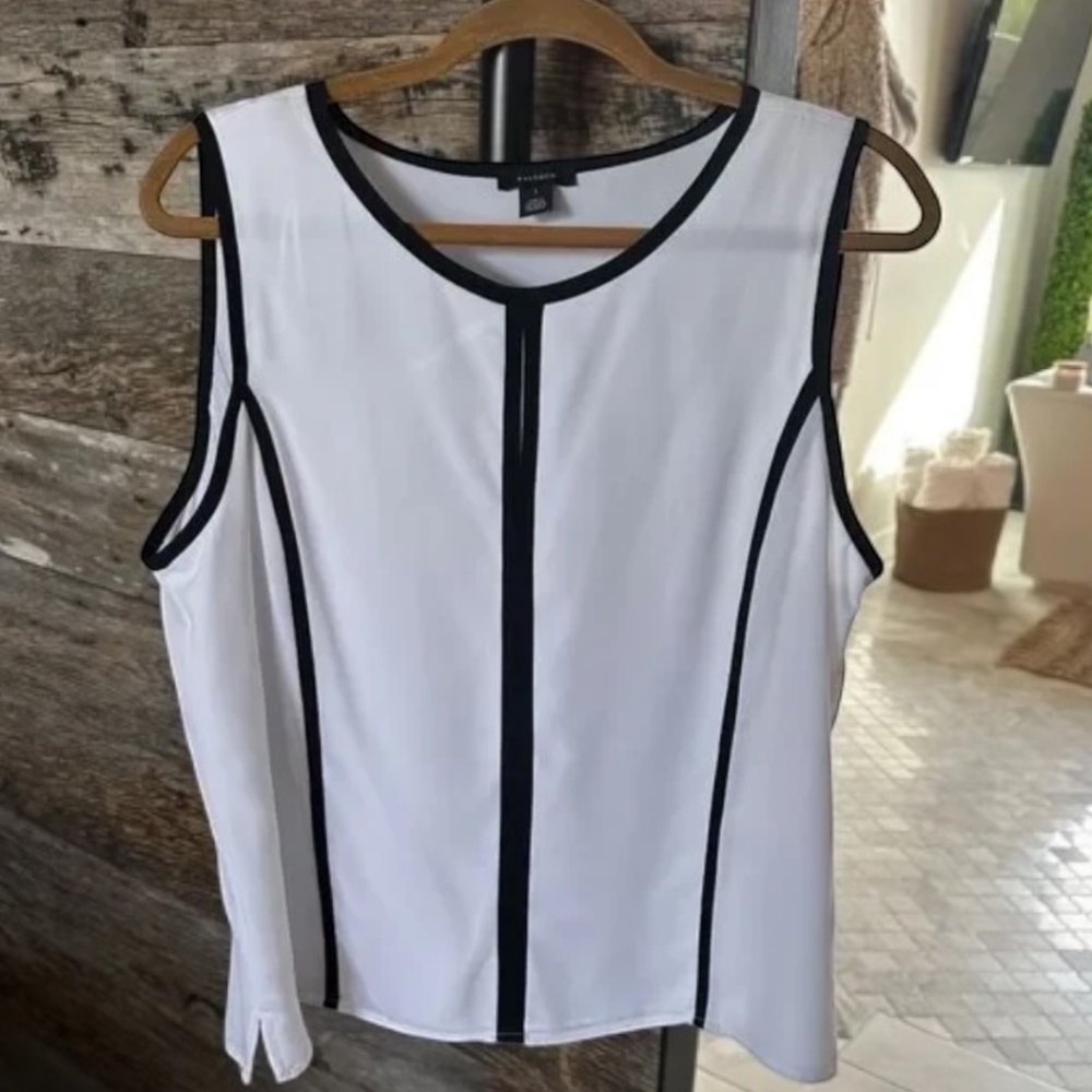 HALOGEN Tipped Sleeveless Top Bright White Jewel Neck Keyhole Blouse Size L - Picture 8 of 9